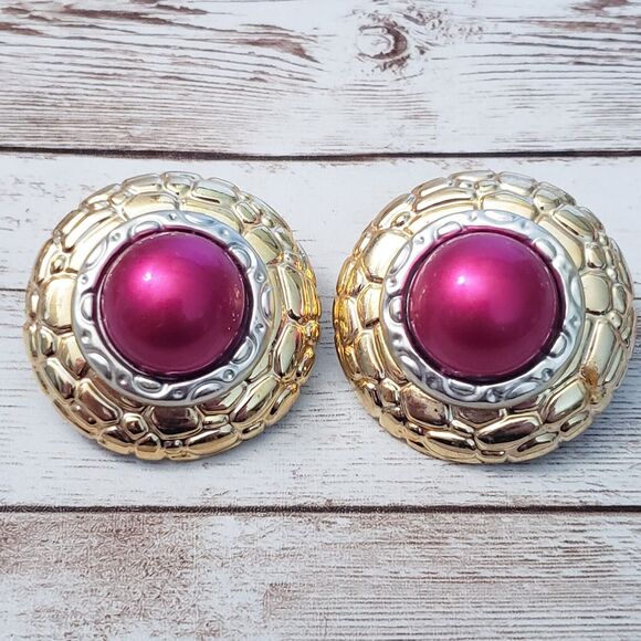 Vintage Clip On Earrings - Silver Tone, Bright Pink & Gold Tone Large Statement - Picture 1 of 5